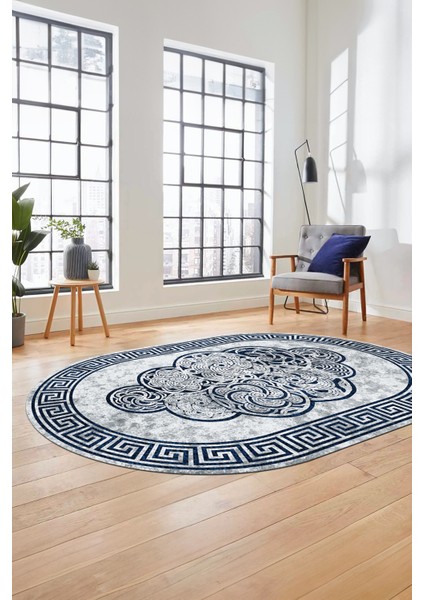 Dijital Kaymaz Yıkanabilir Modern Çerçeveli Oval Mutfak Salon Halısı, O-Çerçeveli-04-Mavi, fiyatları