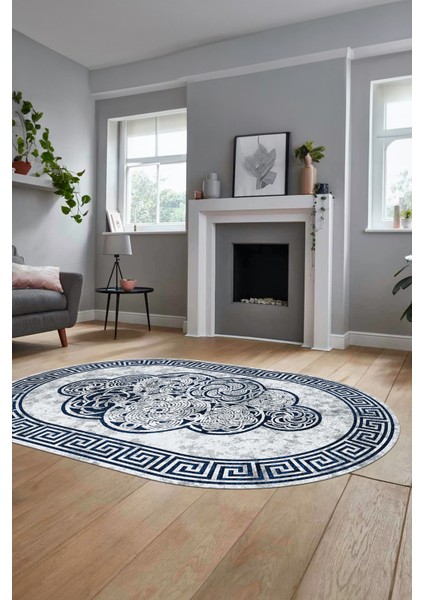 Dijital Kaymaz Yıkanabilir Modern Çerçeveli Oval Mutfak Salon Halısı, O-Çerçeveli-04-Mavi, fırsatları