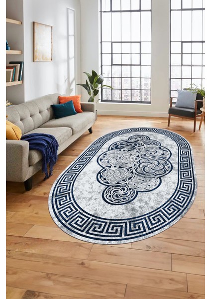 Dijital Kaymaz Yıkanabilir Modern Çerçeveli Oval Mutfak Salon Halısı, O-Çerçeveli-04-Mavi, indirimleri