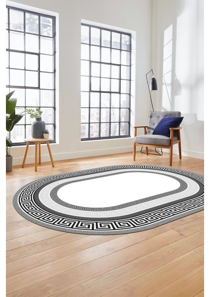 Dijital Kaymaz Yıkanabilir Çerçeveli Şık Tasarım Oval Mutfak Salon Halısı, O-Çerçeveli-03-Gri, fiyatları