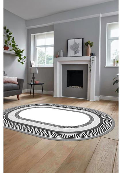 Dijital Kaymaz Yıkanabilir Çerçeveli Şık Tasarım Oval Mutfak Salon Halısı, O-Çerçeveli-03-Gri, fırsatları