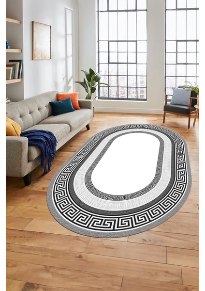 Dijital Kaymaz Yıkanabilir Çerçeveli Şık Tasarım Oval Mutfak Salon Halısı, O-Çerçeveli-03-Gri, indirimleri