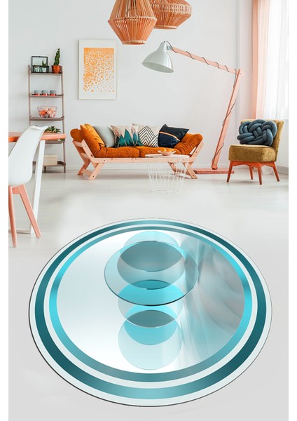 Modern Çerçeve Desen Yıkanabilir Kaymaz Yolluk Mutfak Yuvarlak Salon Halısı, Y-Çerçeveli-24-Mavi,