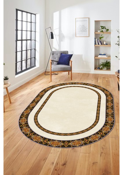 Dijital Kaymaz Yıkanabilir Çerçeveli Ince Oval Yolluk Mutfak Salon Halısı, O-Çerçeveli-48-Krem, fiyatları