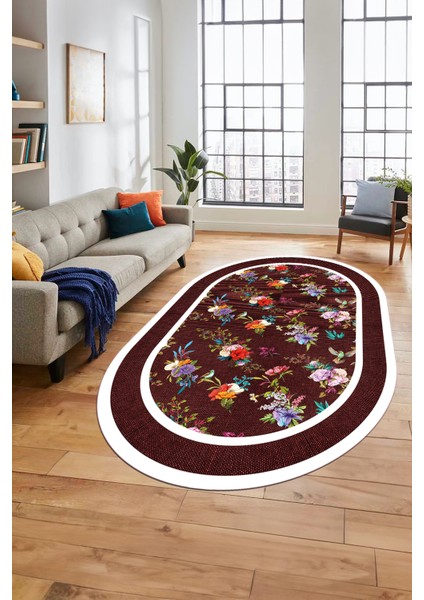 Çiçekli Çerçeve Desen Yıkanabilir Kaymaz Yolluk Mutfak Oval Salon Halısı, O-Çerçeveli-27-Bordo,