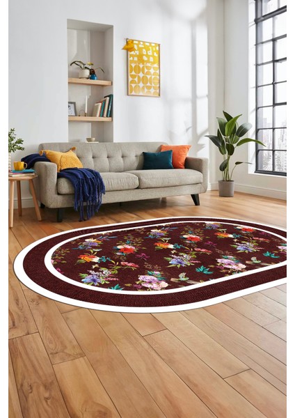 Çiçekli Çerçeve Desen Yıkanabilir Kaymaz Yolluk Mutfak Oval Salon Halısı, O-Çerçeveli-27-Bordo, fiyatları