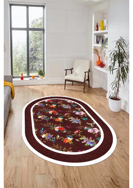 Çiçekli Çerçeve Desen Yıkanabilir Kaymaz Yolluk Mutfak Oval Salon Halısı, O-Çerçeveli-27-Bordo, modelleri