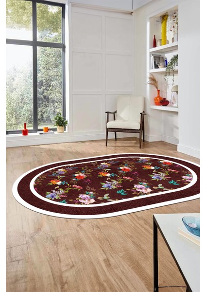 Çiçekli Çerçeve Desen Yıkanabilir Kaymaz Yolluk Mutfak Oval Salon Halısı, O-Çerçeveli-27-Bordo, fırsatları