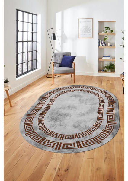 Dijital Kaymaz Taban Yıkanabilir Çerçeveli Oval Mutfak Salon Halısı, O-Çerçeveli-05-Kahve,
