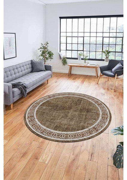 Çerçeve Zincir Desen Yıkanabilir Kaymaz Yolluk Mutfak Yuvarlak Salon Halısı, Y-Çerçeve-31-Kahve,