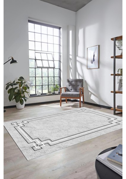 Dijital Baskılı Kaymaz Yıkanabilir Zarif Çerçeveli Ince Yolluk Salon Halısı, Çerçeveli-50-Gri,