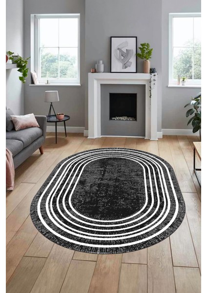 Dijital Kaymaz Yıkanabilir Çerçeveli Yolluk Mutfak Oval Salon Halısı, O-Çerçeveli-08-Antrasit, modelleri