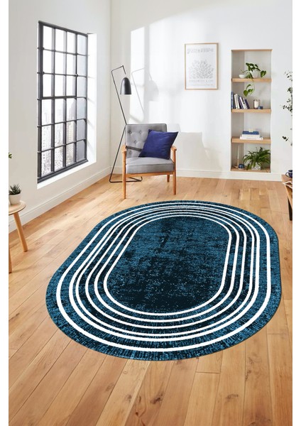 Dijital Kaymaz Yıkanabilir Çerçeveli Yolluk Mutfak Oval Salon Halısı, O-Çerçeveli-08-Mavi,