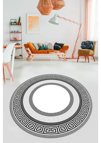 Dijital Kaymaz Yıkanabilir Çerçeveli Şık Tasarım Yuvarlak Mutfak Salon Halısı, Y-Çerçeveli-03-Gri, fırsatları