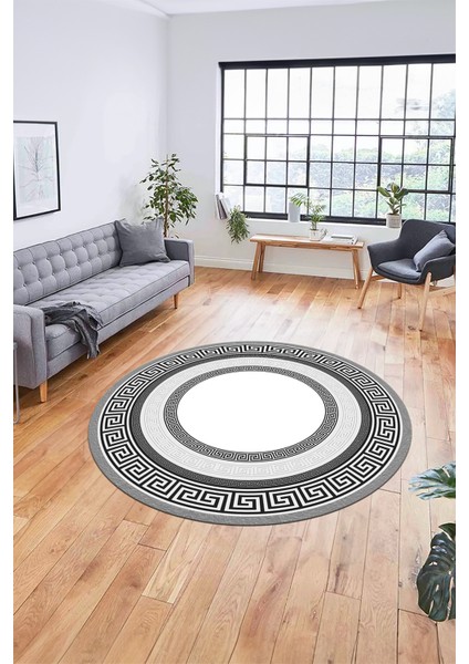 Dijital Kaymaz Yıkanabilir Çerçeveli Şık Tasarım Yuvarlak Mutfak Salon Halısı, Y-Çerçeveli-03-Gri, indirimleri