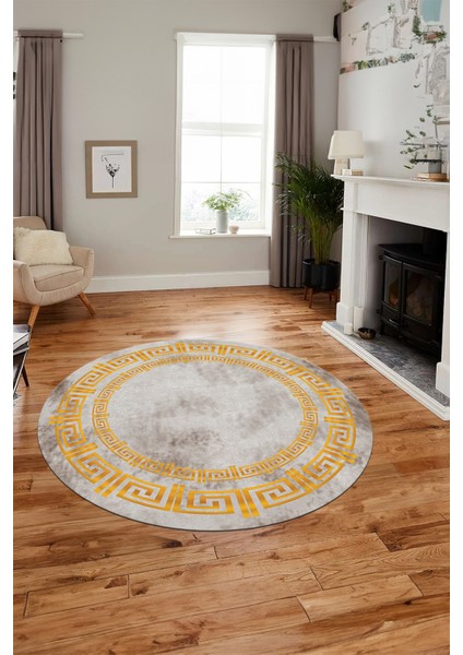 Dijital Kaymaz Taban Yıkanabilir Çerçeveli Yuvarlak Mutfak Salon Halısı, Y-Çerçeveli-05-Gold,