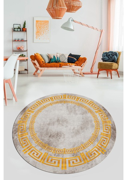 Dijital Kaymaz Taban Yıkanabilir Çerçeveli Yuvarlak Mutfak Salon Halısı, Y-Çerçeveli-05-Gold, fırsatları