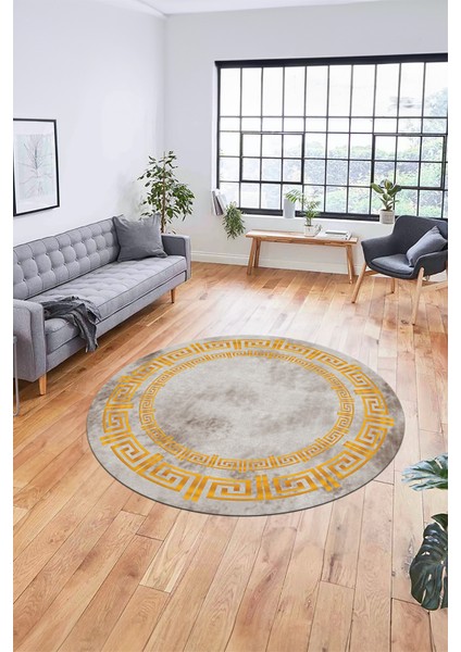 Dijital Kaymaz Taban Yıkanabilir Çerçeveli Yuvarlak Mutfak Salon Halısı, Y-Çerçeveli-05-Gold, indirimleri