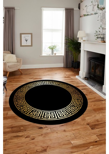 Şık Tasarım Yıkanabilir Kaymaz Taban Çerçeveli Yuvarlak Mutfak Salon Halısı, Y-Çerçeveli-36-Siyah, fırsatları