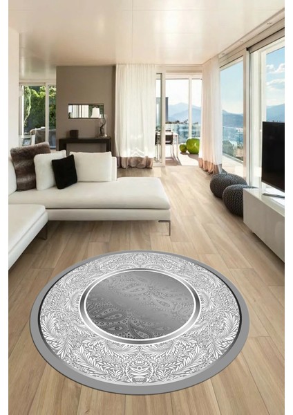 Çiçekli Şık Yıkanabilir Kaymaz Taban Çerçeveli Yuvarlak Mutfak Salon Halısı, Y-Çerçeveli-37-Gri,