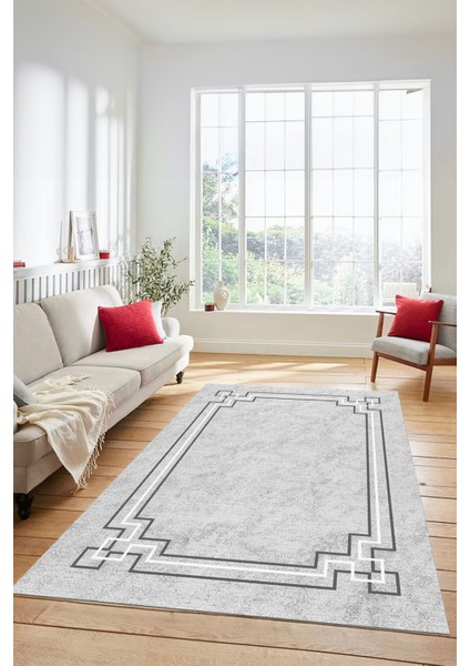 Dijital Baskılı Kaymaz Yıkanabilir Zarif Çerçeveli Ince Yolluk Salon Halısı, Çerçeveli-50-Gri, fırsatları