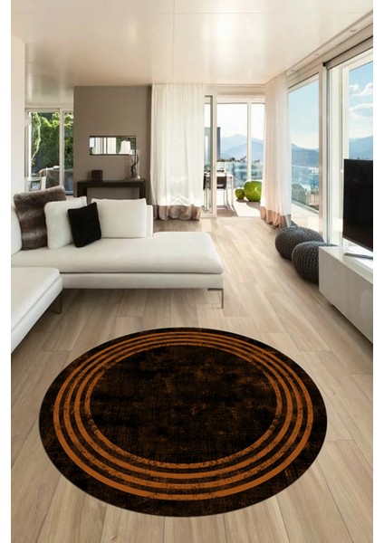 Dijital Kaymaz Taban Yıkanabilir Sade Çerçeveli Yuvarlak Mutfak Salon Halısı, Y-Çerçeveli-06-Kahve,