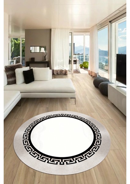Klasik Tasarım Çerçeve Desen Modern Yıkanabilir Mutfak Yuvarlak Salon Halısı, Y-Çerçeveli-11-Krem,