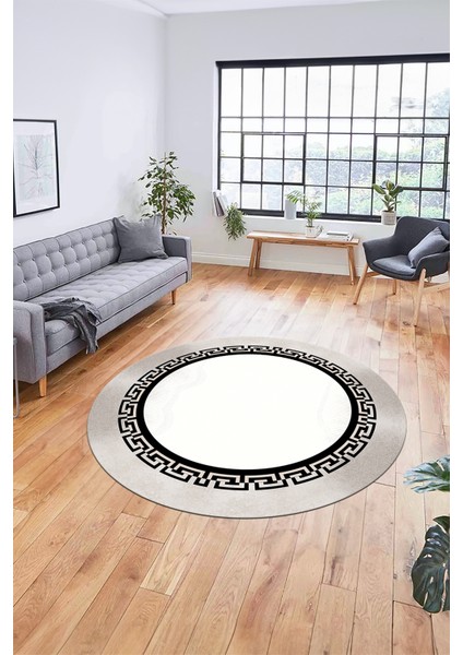 Klasik Tasarım Çerçeve Desen Modern Yıkanabilir Mutfak Yuvarlak Salon Halısı, Y-Çerçeveli-11-Krem,