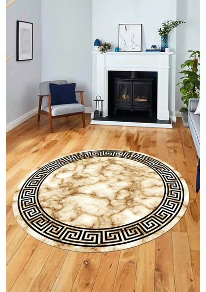 Mermer Çerçeve Desen Modern Yıkanabilir Yolluk Mutfak Yuvarlak Salon Halısı, Y-Çerçeveli-17-Bej,