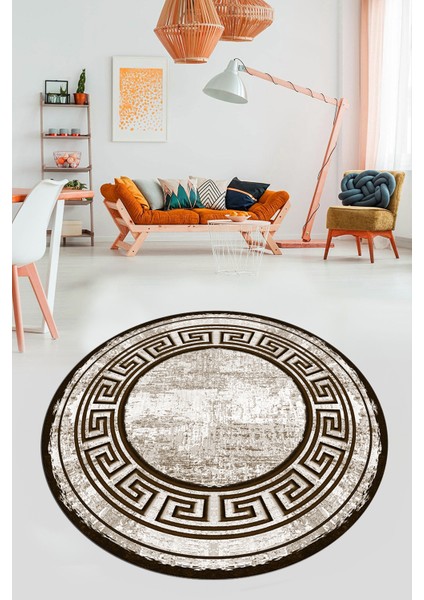 Tasarım Çerçeve Desenli Modern Yıkanabilir Mutfak Yuvarlak Salon Halısı, Y-Çerçeveli-09-Kahve, modelleri