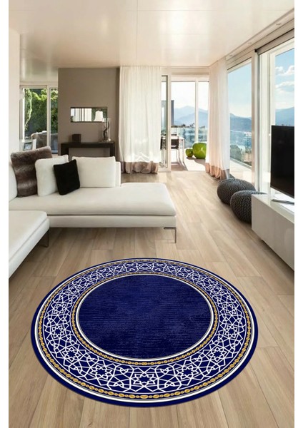Dijital Kaymaz Yıkanabilir Çerçeveli Yolluk Mutfak Yuvarlak Salon Halısı, Y-Çerçeveli-35-Lacivert,