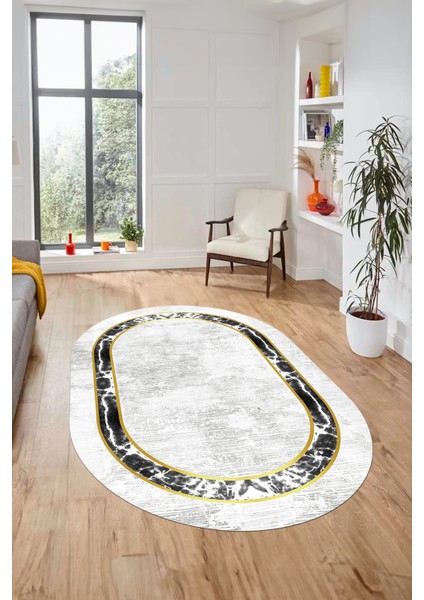 Mermer Çerçeve Desen Modern Yıkanabilir Yolluk Mutfak Oval Salon Halısı, O-Çerçeveli-18-Krem, indirimleri