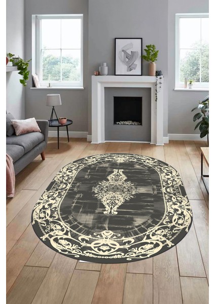 Klasik Çerçeve Desen Modern Yıkanabilir Yolluk Mutfak Oval Salon Halısı, O-Çerçeveli-19-Krem,