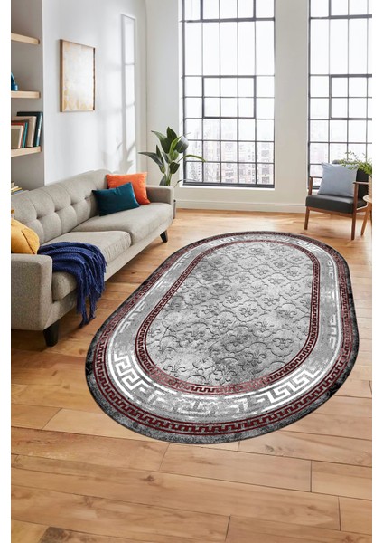 Şık Tasarım Çerçeve Desenli Modern Yıkanabilir Mutfak Oval Salon Halısı, O-Çerçeveli-10-Bordo, fırsatları