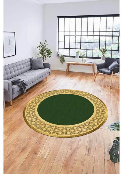 Dijital Kaymaz Yıkanabilir Şık Çerçeveli Yolluk Mutfak Yuvarlak Salon Halısı, Y-Çerçeveli-29-Yeşil,
