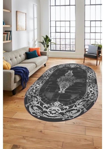 Klasik Çerçeve Desen Modern Yıkanabilir Yolluk Mutfak Oval Salon Halısı, O-Çerçeveli-19-Antrasit,