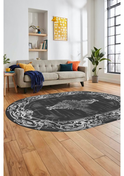Klasik Çerçeve Desen Modern Yıkanabilir Yolluk Mutfak Oval Salon Halısı, O-Çerçeveli-19-Antrasit,