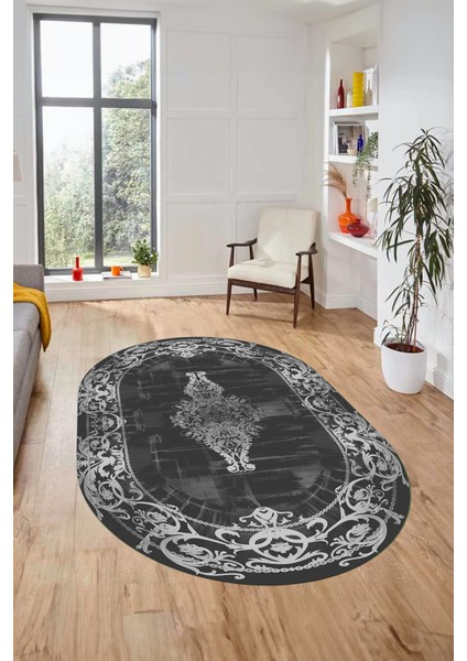Klasik Çerçeve Desen Modern Yıkanabilir Yolluk Mutfak Oval Salon Halısı, O-Çerçeveli-19-Antrasit,