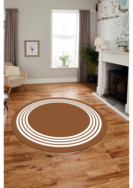 Dijital Kaymaz Taban Yıkanabilir Klasik Çerçeveli Yuvarlak Mutfak Salon Halısı, Y-Çerçeveli-07-Kahve,
