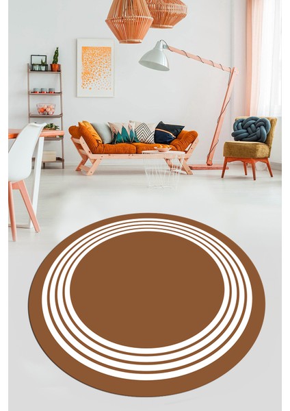 Dijital Kaymaz Taban Yıkanabilir Klasik Çerçeveli Yuvarlak Mutfak Salon Halısı, Y-Çerçeveli-07-Kahve, fırsatları