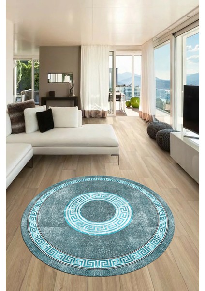 Sade Tasarım Çerçeve Desen Modern Yıkanabilir Mutfak Yuvarlak Salon Halısı, Y-Çerçeveli-12-Mavi,