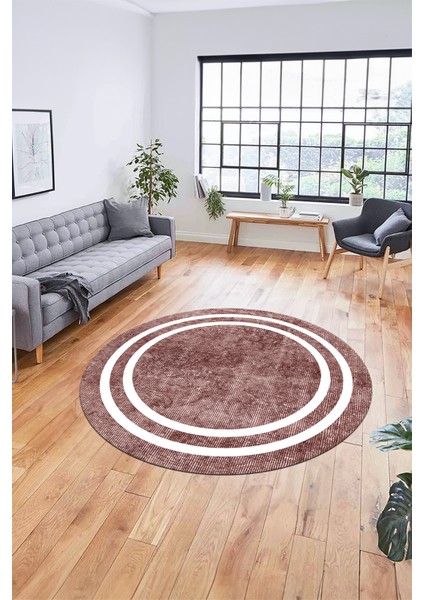 Dijital Kaymaz Yıkanabilir Sade Çerçeveli Yolluk Mutfak Yuvarlak Salon Halısı, Y-Çerçeveli-30-Bordo,