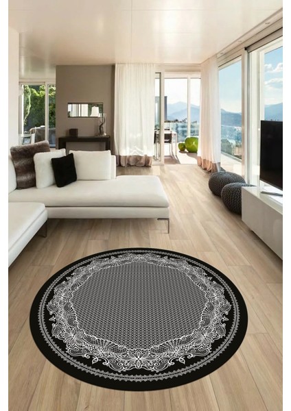 Çerçeveli Motifli Yıkanabilir Kaymaz Yolluk Mutfak Yuvarlak Salon Halısı, Y-Çerçeveli-34-Siyah,