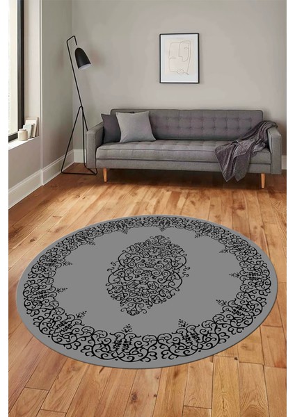 Klasik Çerçeve Desenli Yıkanabilir Kaymaz Yolluk Mutfak Yuvarlak Salon Halısı, Y-Çerçeveli-22-Gri, indirimleri