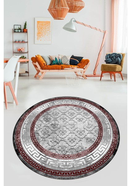 Şık Tasarım Çerçeve Desenli Modern Yıkanabilir Mutfak Yuvarlak Salon Halısı, Y-Çerçeveli-10-Bordo, modelleri