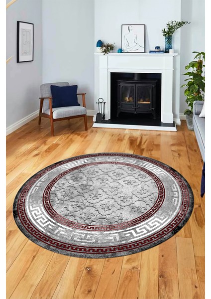 Şık Tasarım Çerçeve Desenli Modern Yıkanabilir Mutfak Yuvarlak Salon Halısı, Y-Çerçeveli-10-Bordo, indirimleri