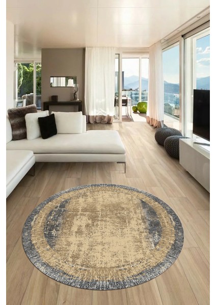 Sade Çerçeve Desen Modern Yıkanabilir Yolluk Mutfak Yuvarlak Salon Halısı, Y-Çerçeveli-14-Krem,