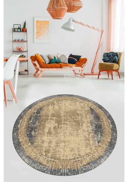 Sade Çerçeve Desen Modern Yıkanabilir Yolluk Mutfak Yuvarlak Salon Halısı, Y-Çerçeveli-14-Krem,