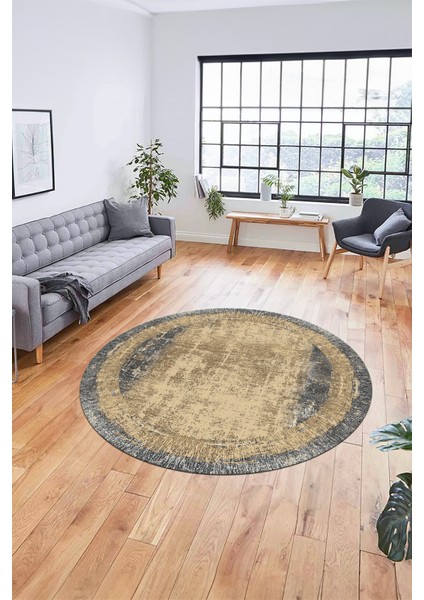 Sade Çerçeve Desen Modern Yıkanabilir Yolluk Mutfak Yuvarlak Salon Halısı, Y-Çerçeveli-14-Krem,