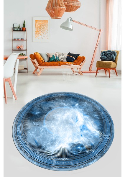 Modern Çerçeve Desen Yıkanabilir Kaymaz Yolluk Mutfak Yuvarlak Salon Halısı, Y-Çerçeveli-25-Mavi,